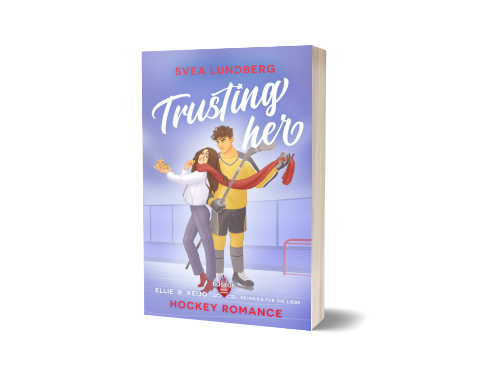 Taschenbuch-Cover von Trusting her
Es ist illustriert und zeigt eine junge Frau mit einem Tablett voller Kekse und einen Eishockeyspieler
