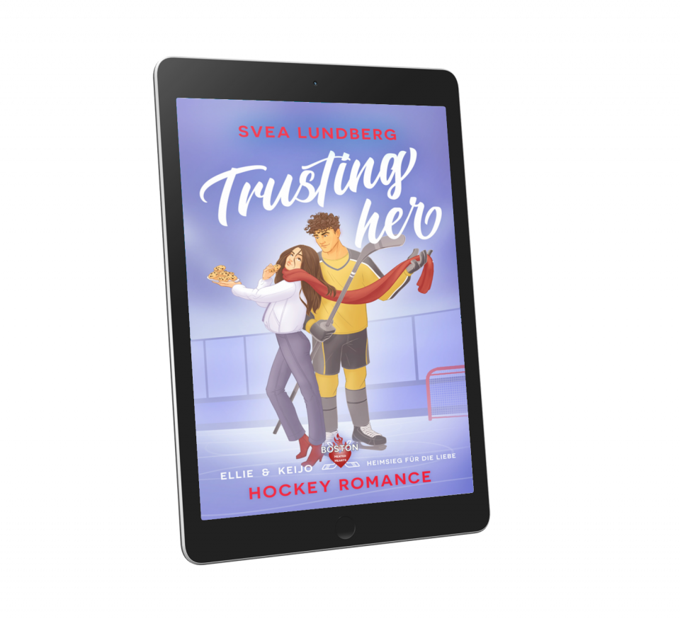 E-Book-Cover von Trusting her
Es ist illustriert und zeigt eine junge Frau mit einem Tablett voller Kekse und einen Eishockeyspieler