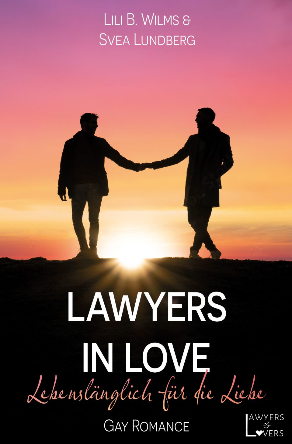 Das Cover von Lawyers in Love zeigt die Silhouette zweier Händchen haltender Männer bei Sonnenuntergang.